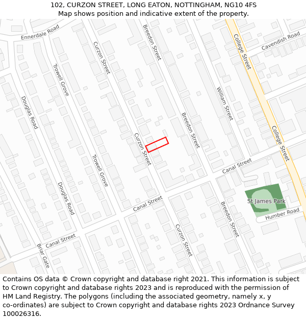 102, CURZON STREET, LONG EATON, NOTTINGHAM, NG10 4FS: Location map and indicative extent of plot