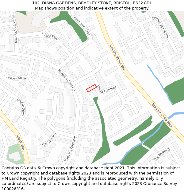 102, DIANA GARDENS, BRADLEY STOKE, BRISTOL, BS32 8DL: Location map and indicative extent of plot