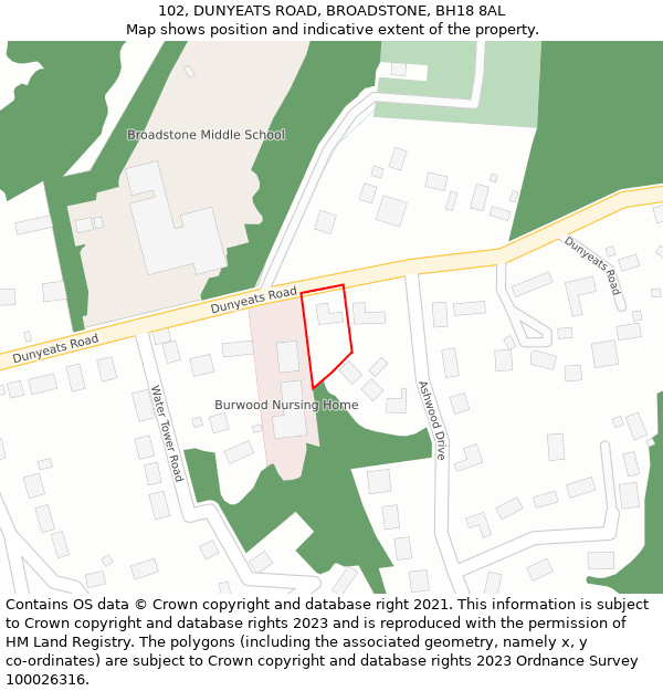 102, DUNYEATS ROAD, BROADSTONE, BH18 8AL: Location map and indicative extent of plot