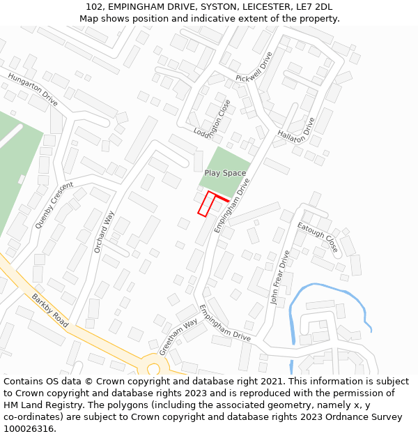 102, EMPINGHAM DRIVE, SYSTON, LEICESTER, LE7 2DL: Location map and indicative extent of plot