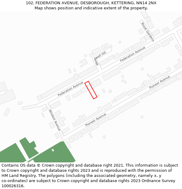 102, FEDERATION AVENUE, DESBOROUGH, KETTERING, NN14 2NX: Location map and indicative extent of plot