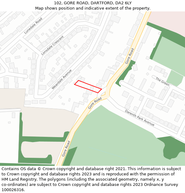 102, GORE ROAD, DARTFORD, DA2 6LY: Location map and indicative extent of plot