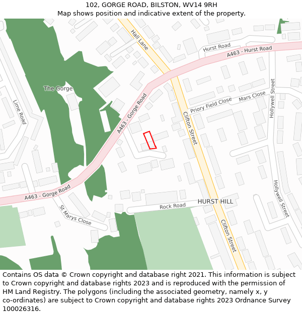 102, GORGE ROAD, BILSTON, WV14 9RH: Location map and indicative extent of plot