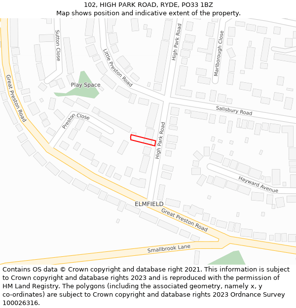 102, HIGH PARK ROAD, RYDE, PO33 1BZ: Location map and indicative extent of plot