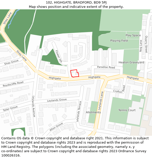 102, HIGHGATE, BRADFORD, BD9 5PJ: Location map and indicative extent of plot