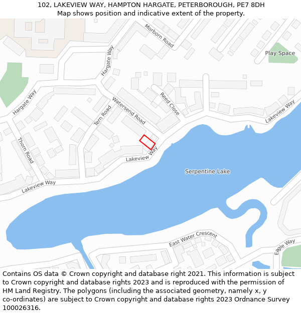 102, LAKEVIEW WAY, HAMPTON HARGATE, PETERBOROUGH, PE7 8DH: Location map and indicative extent of plot