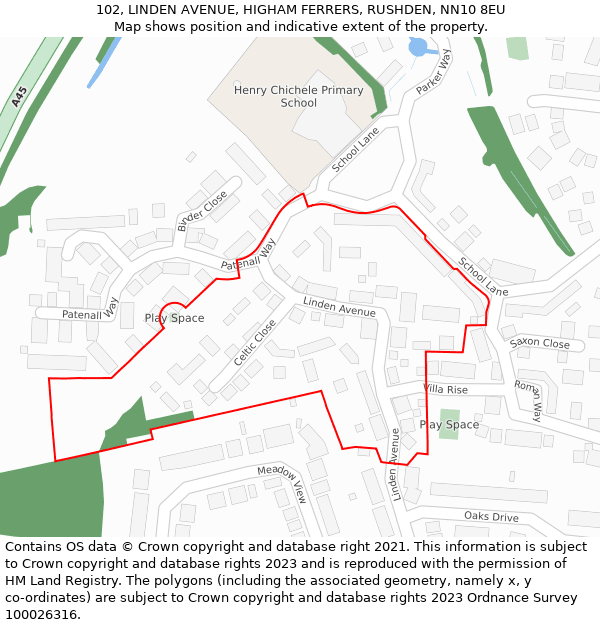 102, LINDEN AVENUE, HIGHAM FERRERS, RUSHDEN, NN10 8EU: Location map and indicative extent of plot