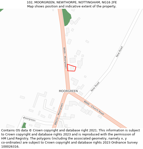 102, MOORGREEN, NEWTHORPE, NOTTINGHAM, NG16 2FE: Location map and indicative extent of plot