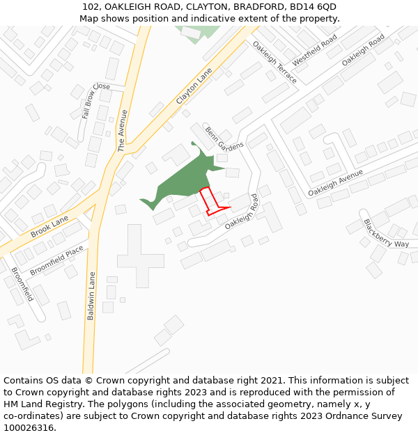 102, OAKLEIGH ROAD, CLAYTON, BRADFORD, BD14 6QD: Location map and indicative extent of plot
