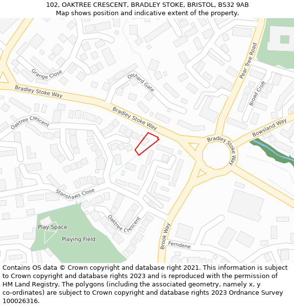 102, OAKTREE CRESCENT, BRADLEY STOKE, BRISTOL, BS32 9AB: Location map and indicative extent of plot