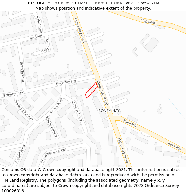 102, OGLEY HAY ROAD, CHASE TERRACE, BURNTWOOD, WS7 2HX: Location map and indicative extent of plot