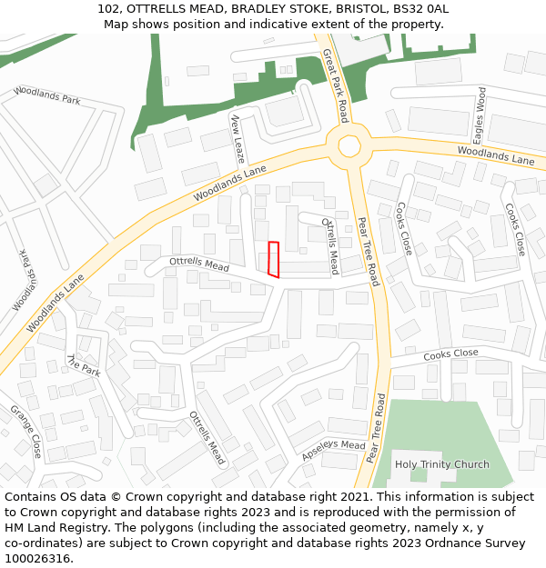 102, OTTRELLS MEAD, BRADLEY STOKE, BRISTOL, BS32 0AL: Location map and indicative extent of plot