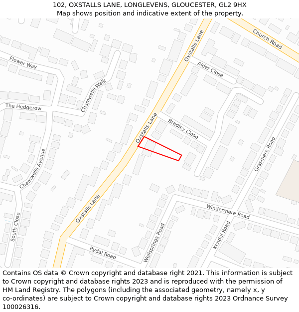 102, OXSTALLS LANE, LONGLEVENS, GLOUCESTER, GL2 9HX: Location map and indicative extent of plot