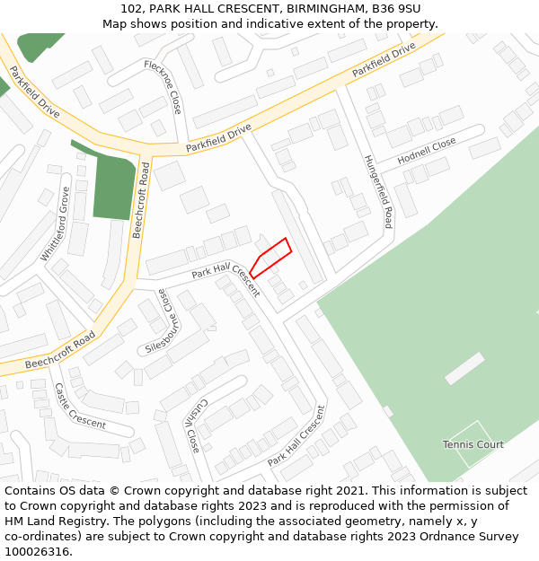 102, PARK HALL CRESCENT, BIRMINGHAM, B36 9SU: Location map and indicative extent of plot