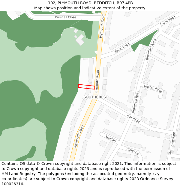 102, PLYMOUTH ROAD, REDDITCH, B97 4PB: Location map and indicative extent of plot