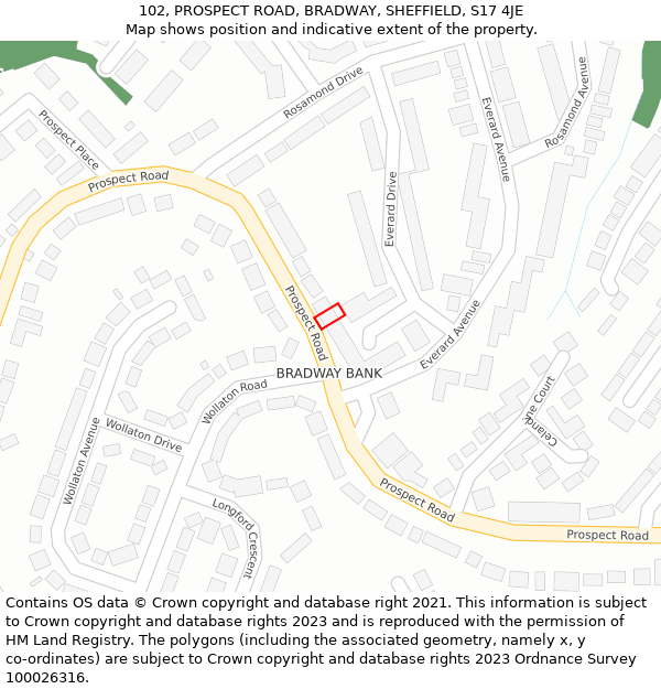 102, PROSPECT ROAD, BRADWAY, SHEFFIELD, S17 4JE: Location map and indicative extent of plot