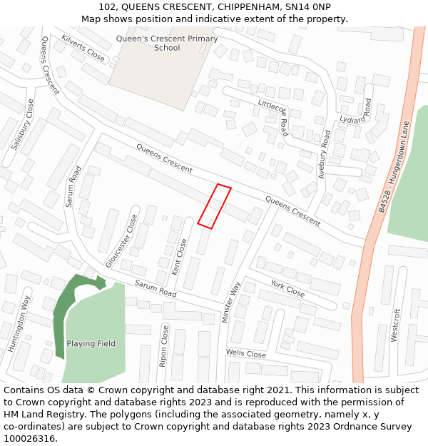 102, QUEENS CRESCENT, CHIPPENHAM, SN14 0NP: Location map and indicative extent of plot