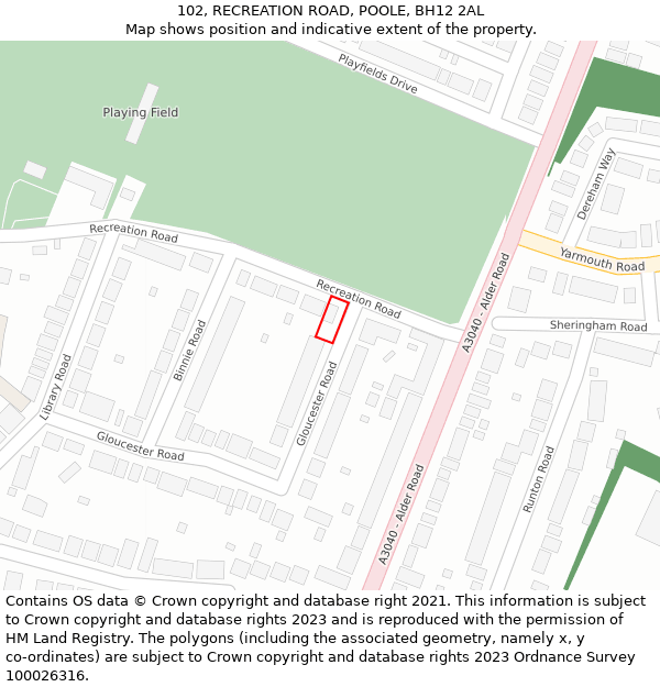 102, RECREATION ROAD, POOLE, BH12 2AL: Location map and indicative extent of plot