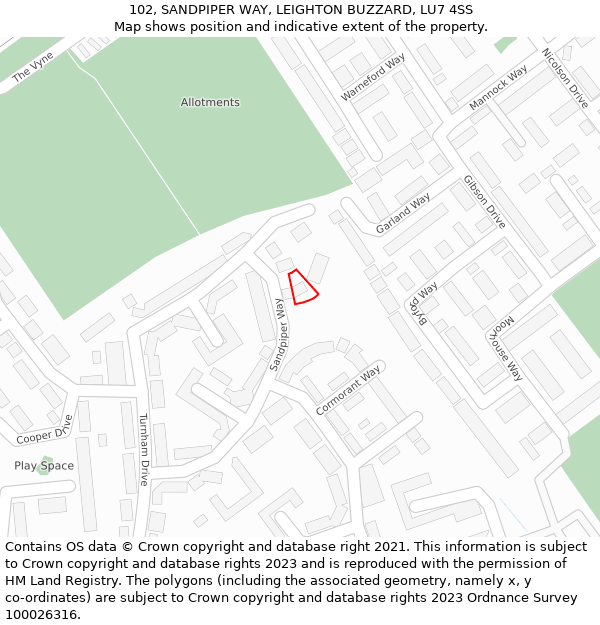 102, SANDPIPER WAY, LEIGHTON BUZZARD, LU7 4SS: Location map and indicative extent of plot