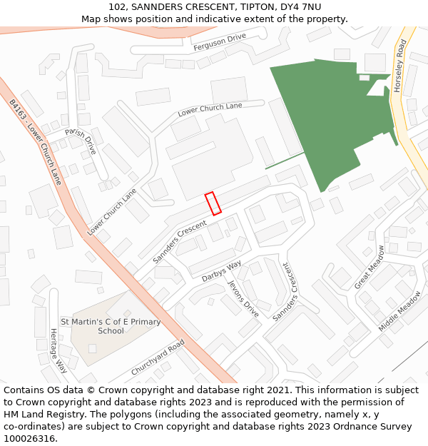 102, SANNDERS CRESCENT, TIPTON, DY4 7NU: Location map and indicative extent of plot