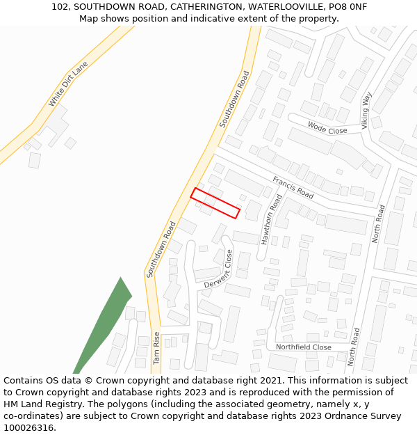 102, SOUTHDOWN ROAD, CATHERINGTON, WATERLOOVILLE, PO8 0NF: Location map and indicative extent of plot