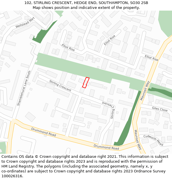 102, STIRLING CRESCENT, HEDGE END, SOUTHAMPTON, SO30 2SB: Location map and indicative extent of plot