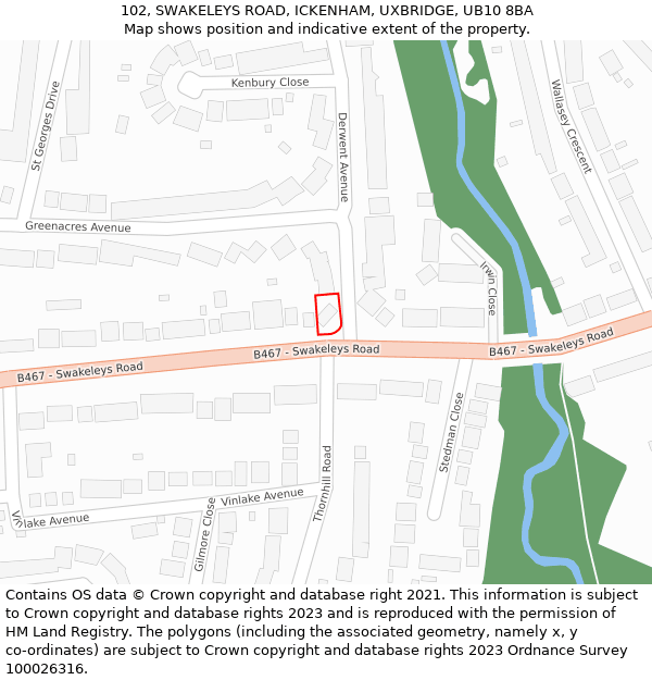 102, SWAKELEYS ROAD, ICKENHAM, UXBRIDGE, UB10 8BA: Location map and indicative extent of plot
