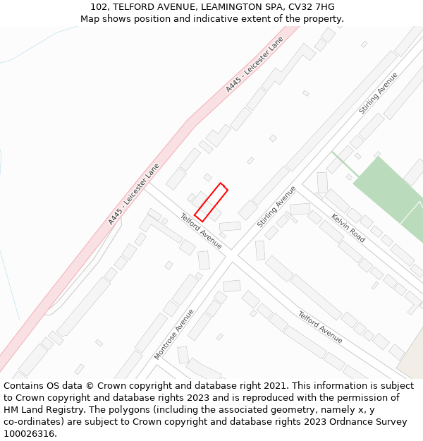 102, TELFORD AVENUE, LEAMINGTON SPA, CV32 7HG: Location map and indicative extent of plot