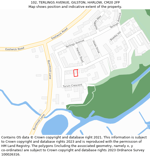 102, TERLINGS AVENUE, GILSTON, HARLOW, CM20 2FP: Location map and indicative extent of plot