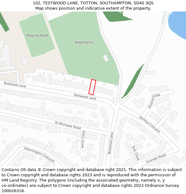 102, TESTWOOD LANE, TOTTON, SOUTHAMPTON, SO40 3QS: Location map and indicative extent of plot