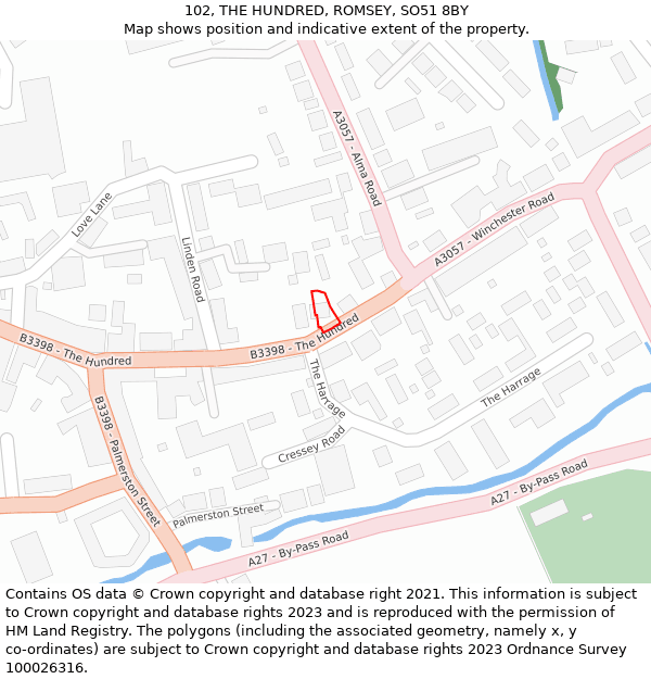 102, THE HUNDRED, ROMSEY, SO51 8BY: Location map and indicative extent of plot