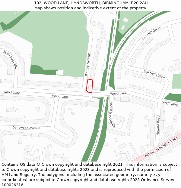 102, WOOD LANE, HANDSWORTH, BIRMINGHAM, B20 2AH: Location map and indicative extent of plot