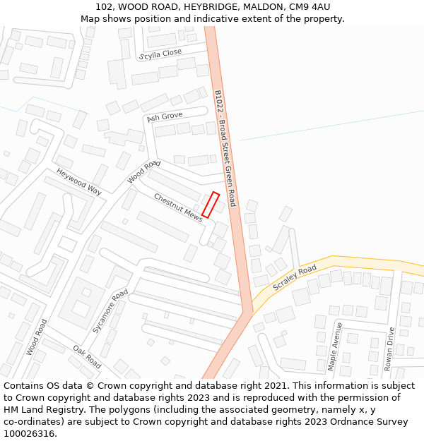 102, WOOD ROAD, HEYBRIDGE, MALDON, CM9 4AU: Location map and indicative extent of plot