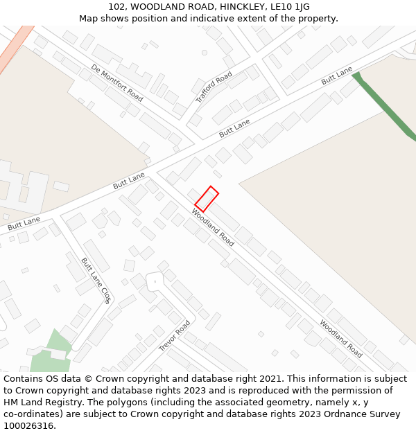 102, WOODLAND ROAD, HINCKLEY, LE10 1JG: Location map and indicative extent of plot