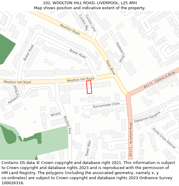 102, WOOLTON HILL ROAD, LIVERPOOL, L25 4RH: Location map and indicative extent of plot