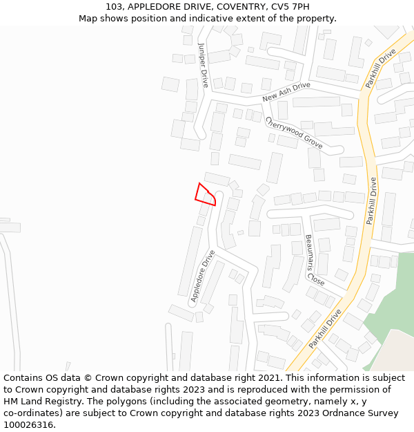 103, APPLEDORE DRIVE, COVENTRY, CV5 7PH: Location map and indicative extent of plot