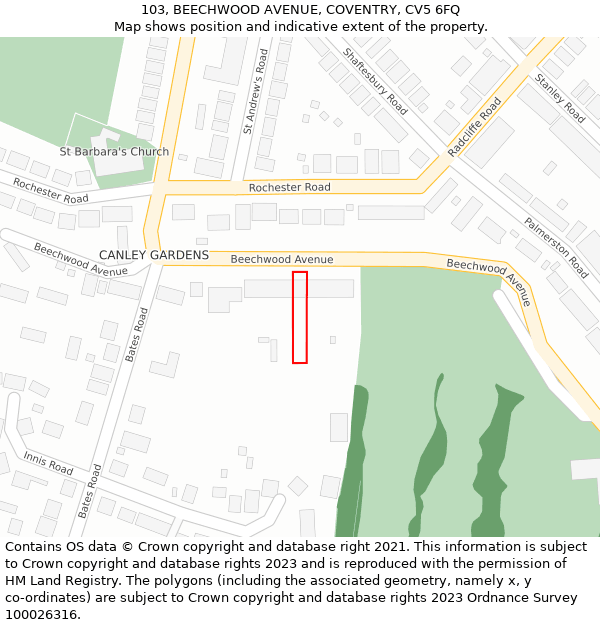 103, BEECHWOOD AVENUE, COVENTRY, CV5 6FQ: Location map and indicative extent of plot