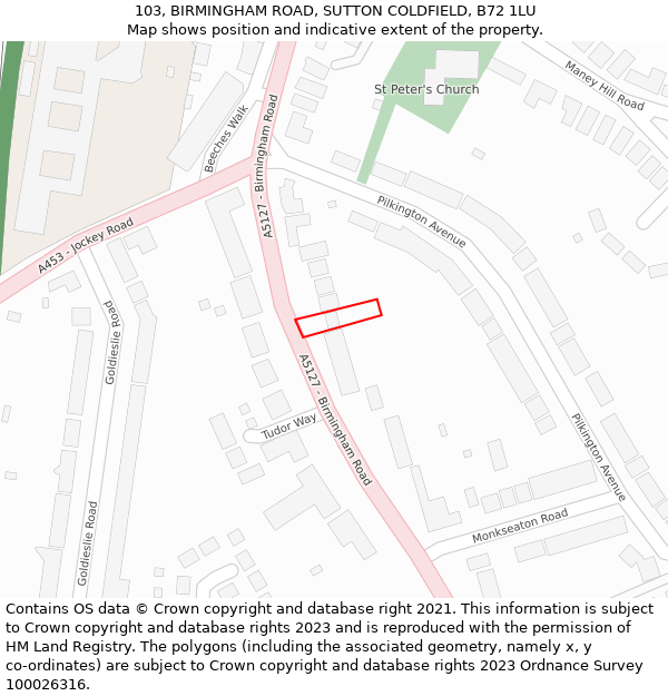 103, BIRMINGHAM ROAD, SUTTON COLDFIELD, B72 1LU: Location map and indicative extent of plot