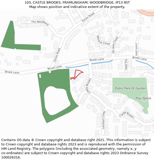 103, CASTLE BROOKS, FRAMLINGHAM, WOODBRIDGE, IP13 9ST: Location map and indicative extent of plot