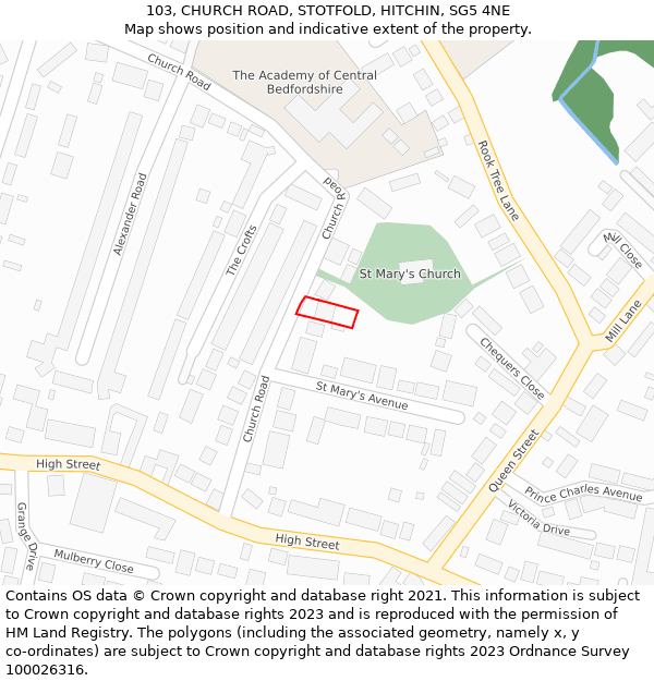 103, CHURCH ROAD, STOTFOLD, HITCHIN, SG5 4NE: Location map and indicative extent of plot