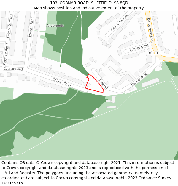 103, COBNAR ROAD, SHEFFIELD, S8 8QD: Location map and indicative extent of plot