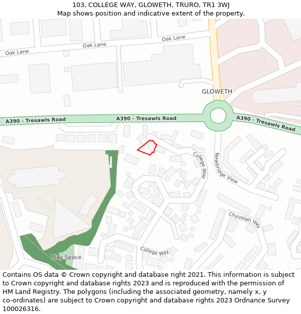 103, COLLEGE WAY, GLOWETH, TRURO, TR1 3WJ: Location map and indicative extent of plot