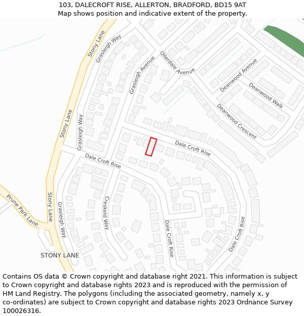 103, DALECROFT RISE, ALLERTON, BRADFORD, BD15 9AT: Location map and indicative extent of plot