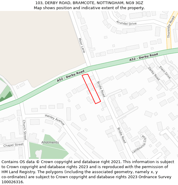 103, DERBY ROAD, BRAMCOTE, NOTTINGHAM, NG9 3GZ: Location map and indicative extent of plot