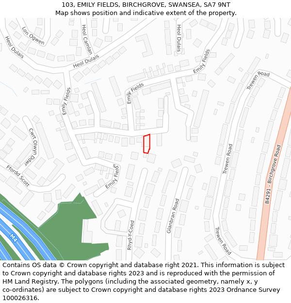 103, EMILY FIELDS, BIRCHGROVE, SWANSEA, SA7 9NT: Location map and indicative extent of plot