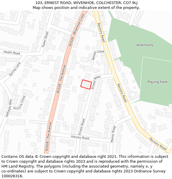103, ERNEST ROAD, WIVENHOE, COLCHESTER, CO7 9LJ: Location map and indicative extent of plot