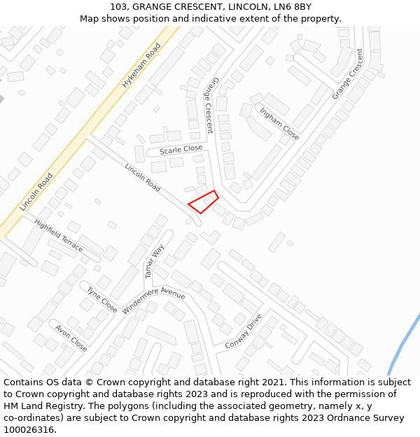 103, GRANGE CRESCENT, LINCOLN, LN6 8BY: Location map and indicative extent of plot