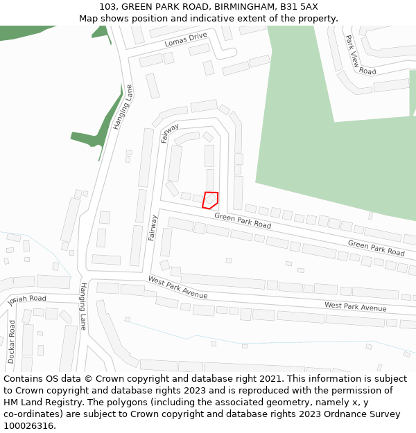 103, GREEN PARK ROAD, BIRMINGHAM, B31 5AX: Location map and indicative extent of plot