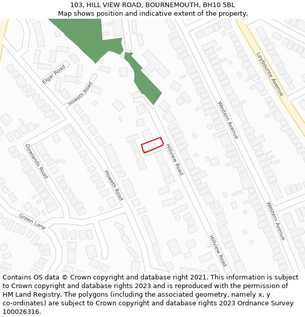 103, HILL VIEW ROAD, BOURNEMOUTH, BH10 5BL: Location map and indicative extent of plot