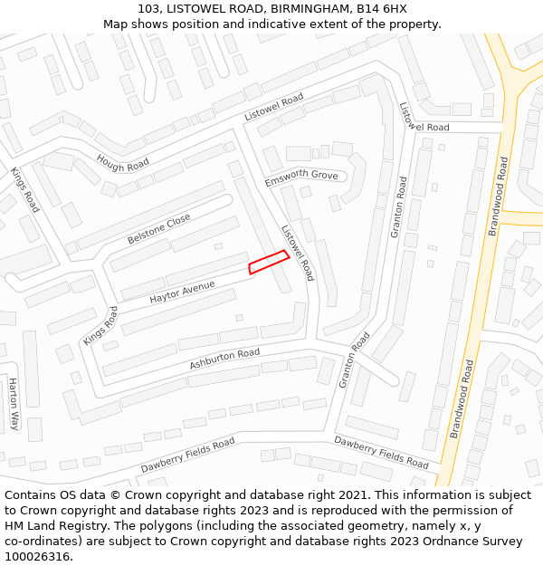 103, LISTOWEL ROAD, BIRMINGHAM, B14 6HX: Location map and indicative extent of plot